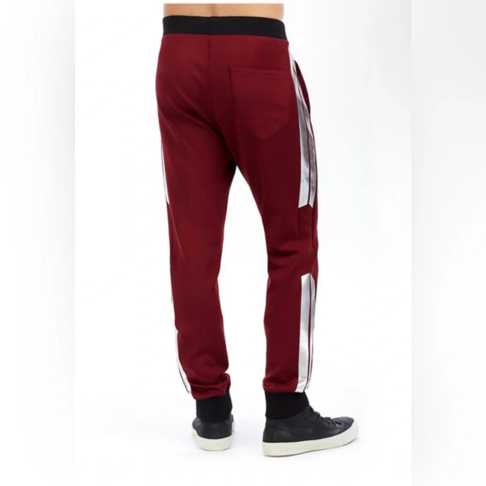 True Religion Mens Racer Jogger Pants Oxblood Silver Stripe L NWT